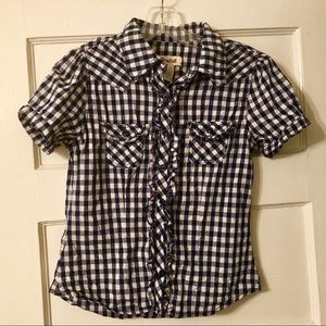 Navy Blue & White Checkered Button Down Blouse